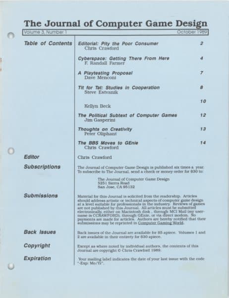 Cover of The Journal of Computer Game Design issue 1