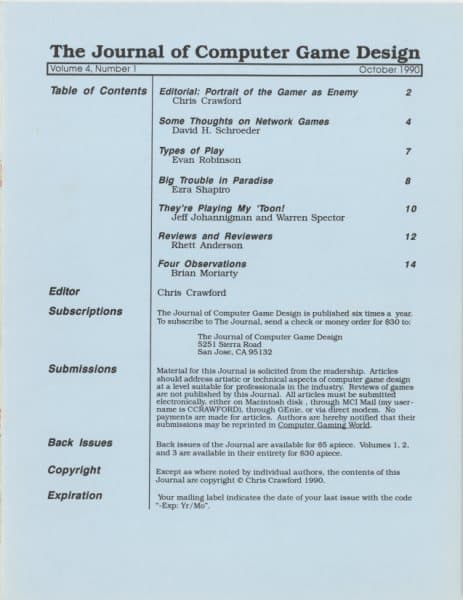 Cover of The Journal of Computer Game Design issue 1