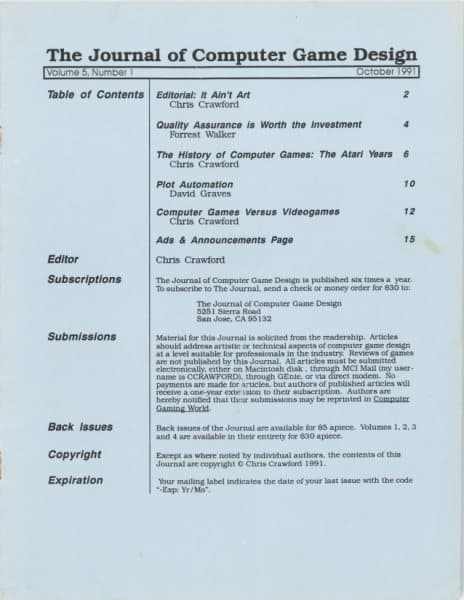 Cover of The Journal of Computer Game Design issue 1