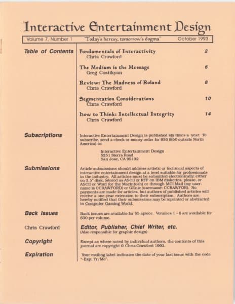 Cover of The Journal of Computer Game Design issue 1