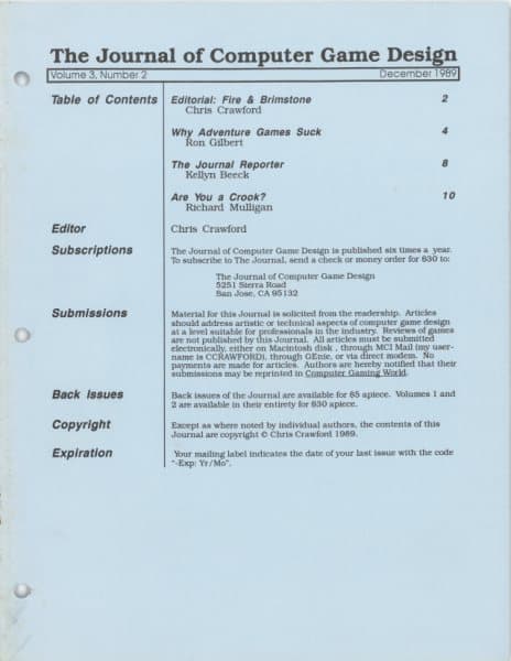 Cover of The Journal of Computer Game Design issue 2