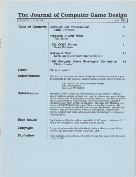 Cover of The Journal of Computer Game Design issue 5