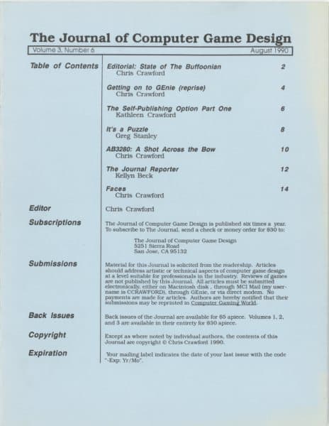 Cover of The Journal of Computer Game Design issue 6