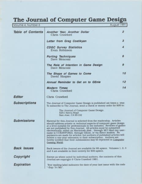 Cover of The Journal of Computer Game Design issue 6
