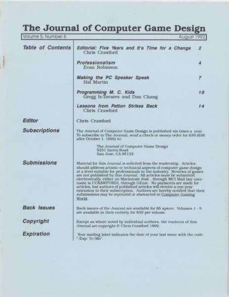 Cover of The Journal of Computer Game Design issue 6