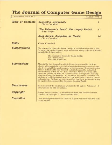 Cover of The Journal of Computer Game Design issue 6